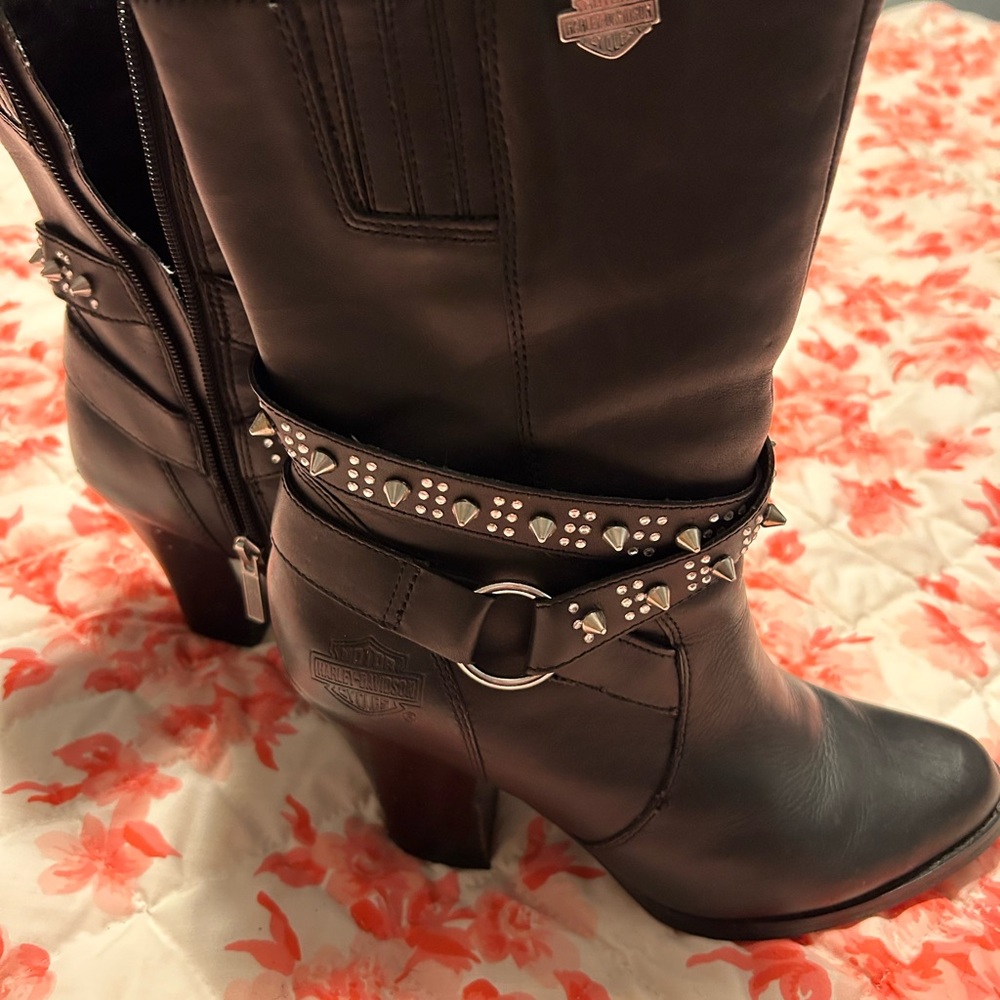 Harley-Davidson Black Leather Boot with Stud Embellished Ankle Strap. Brand new